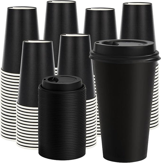 16 oz Paper Coffee Cups with Lids 100 Pack | Black Disposable Hot Coffee Cups with Lids, To Go Cups, for Parties, Picnic, Travel, and Events by VPACKDUO