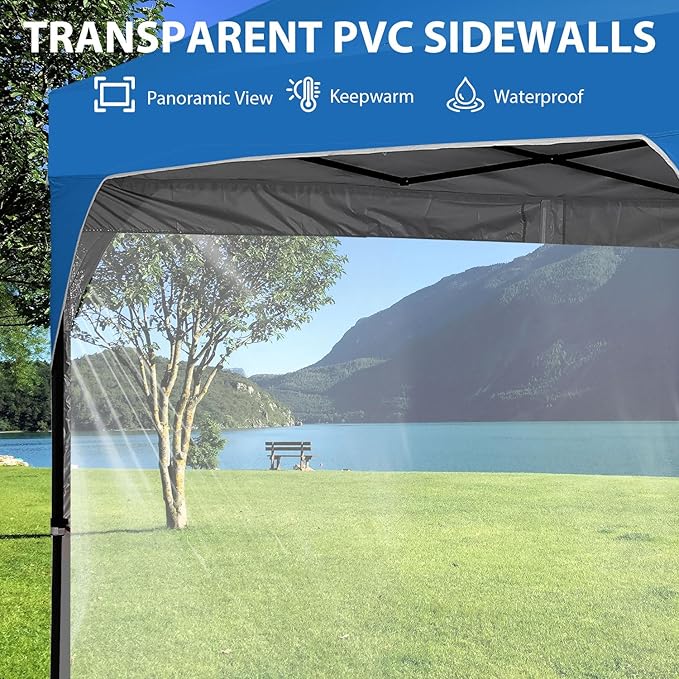 10x10 FT Pop Up Canopy with 4 Clear Sidewalls, 1-Button Push Instant Canopy Tent with Sandbags, Enclosed PVC Walls for Outdoor Activities & Events