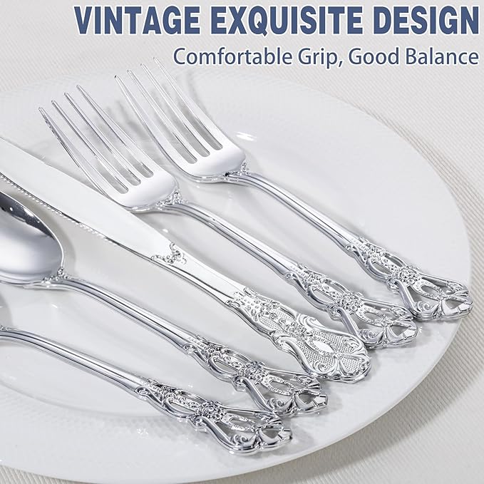 150PCS Silver Plastic Silverware - Heavy Duty Silver Disposable Cutlery - Fancy Plastic Utensils Flatware Include 50 Forks, 50 Spoons, 50 Knives for Catering, Parties, Dinners, Weddings