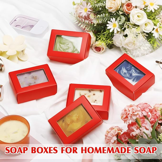 Zonon 60 Pcs Soap Boxes for Homemade Packaging, Mini Kraft Boxes with Window for Bakery Candy Soap Making Gift Packaging, 3.7x2.6x1.4 Inch (Red) - Image 4