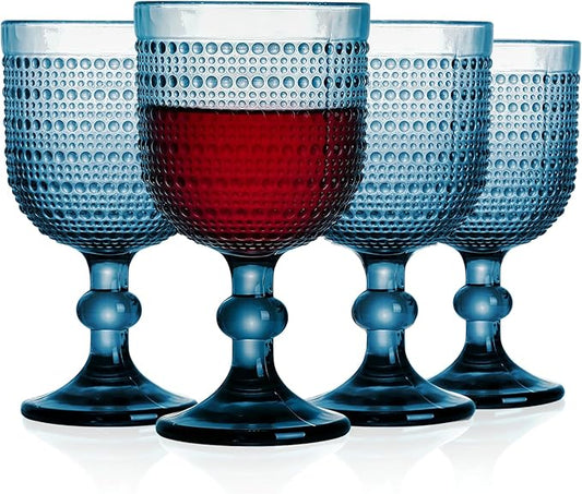 Blue Wine Glasses Set of 4, 12oz Vintage Goblet Glasses, Embossed Glass Cups Hobnail Glassware for Weddings, Dinners, and Holiday Gifting
