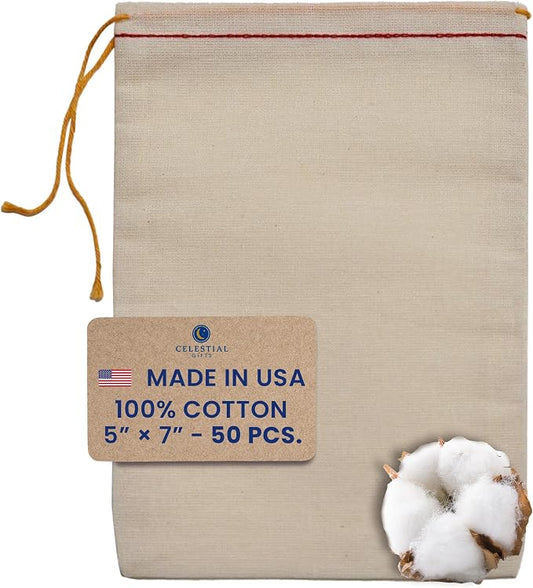 Celestial Gifts 100% Cotton Muslin Drawstring Bags, Medium, 5x7, 50pcs | Reusable Tea Bags, Jewelry Gift Bags, Spice & Pouch Gift Sachet Bags, Made in USA, Red Hem & Orange Drawstring Closure by CelestialGifts