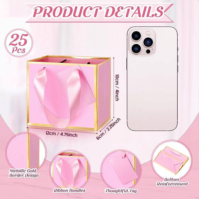 Yeaqee 25 Pcs Mini Metallic Paper Gift Bags with Handle, Pink, Gold | 4.75x2.25x4'' Small Gift Bag with DIY Tag, Tiny Thank You Party Favor, Wedding Baby Shower Birthday Back to School Jewelry - Image 2
