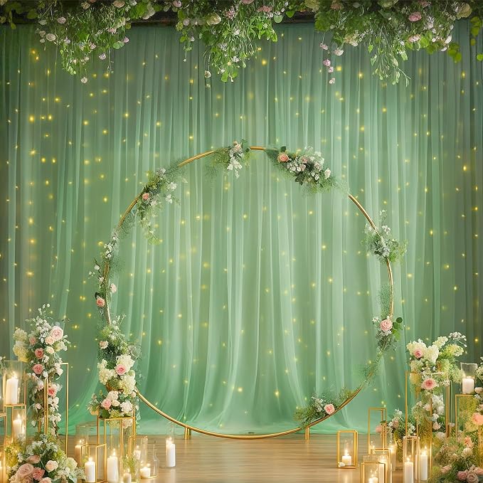 10ft x 10ft Green Backdrop Curtain with Lights String for Parties, Sheer Tulle Wedding Photo Backdrops Drapes for Baby Shower Birthday Party Decorations Background for Photography - Image 6