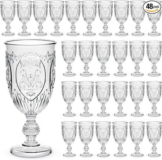 48 Pcs Plastic Goblets 7.5oz Vintage Goblet Plastic Wine Glasses Colored Retro Embossed Water Goblets for Wine Bar Juice Baby Shower Wedding Reception Grand Event Party (Clear)