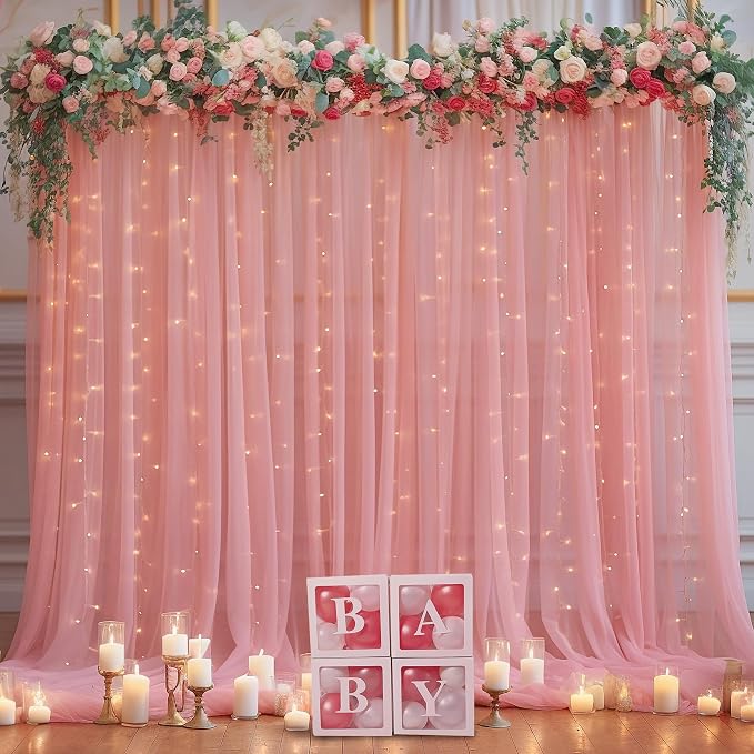 10ft x 8ft Dusty Rose Backdrop Curtain with Lights String for Parties, Sheer Tulle Wedding Photo Backdrops Drapes for Baby Shower Birthday Party Decorations Background for Photography - Image 7