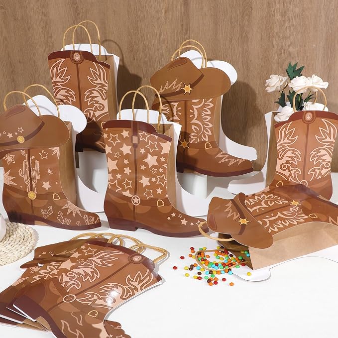 12Pcs Cowboy Boots Paper Bags Western Theme Party Decorations Favors Wild West Kraft Gift Bag with Handles Rodeo Cowgirl Boot Hat Goodie Bag for Cowboy Birthday Bachelorette Baby Shower Party Supplies - Image 4