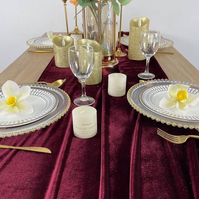 Luxurious Velvet Table Runner, 10ft Wedding Reception Decorations, 20x120inch Soft Velvet Fabric, Table Linen Overlay, Wedding Table Runners (Burgundy, 20X120inch) - Image 6
