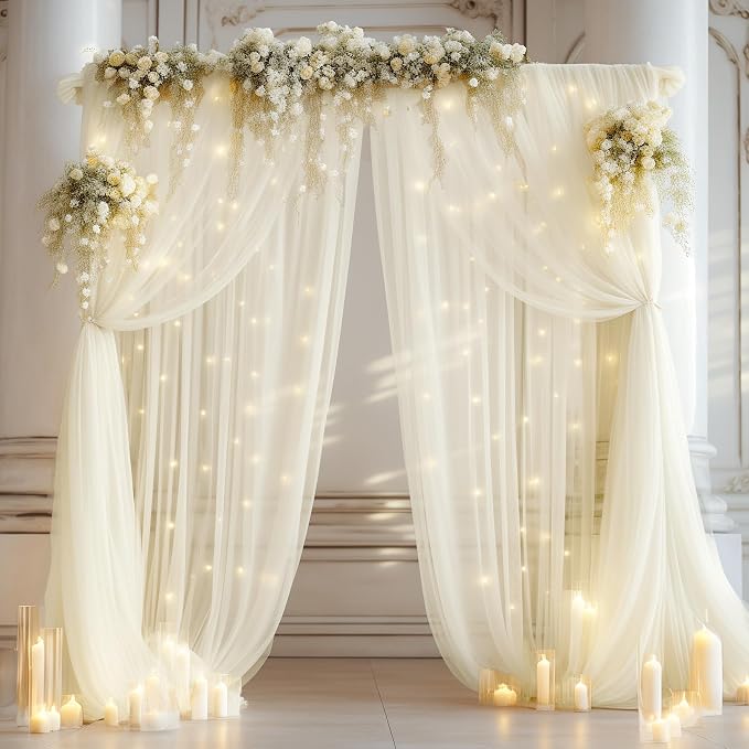 20ft x 10ft Ivory Backdrop Curtain with Lights String for Parties, Sheer Tulle Wedding Photo Backdrops Drapes for Baby Shower Birthday Party Decorations Background for Photography by Shillance