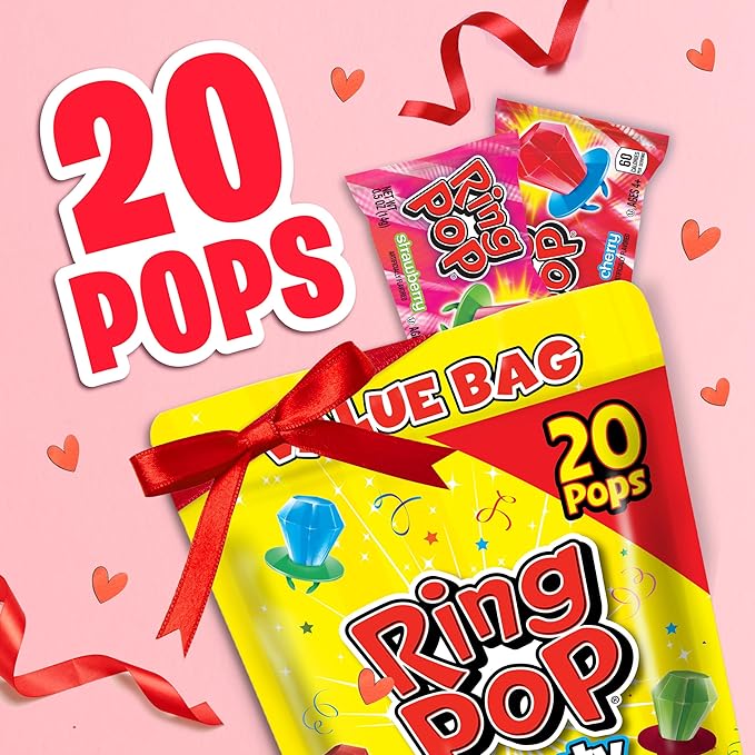 Ring Pop Candy,Valentine's Lollipops,20 Ct Party Favors in Assorted Fruity Flavors - Full Size,Fun Hard Candy For Birthday Parties,Valentine's Gifts,Goodie Bags,Party Favors,(Pack of 2)