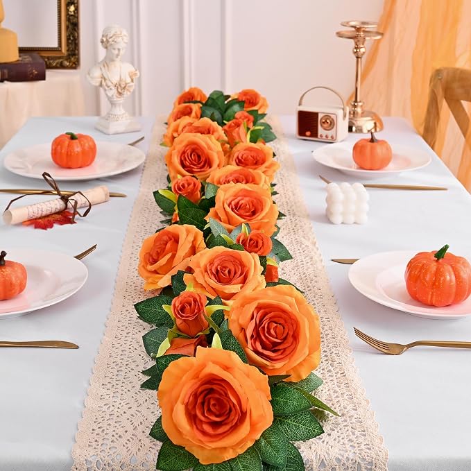 2Pcs Flower Garland with Lights, 13.2Ft Realistic Floral Garland, Orange | Full Fake Flowers Vines, Vibrant Silk Long Rose Garland for Wedding Party Table Runner Backdrop Home Outdoor Decor - Image 5