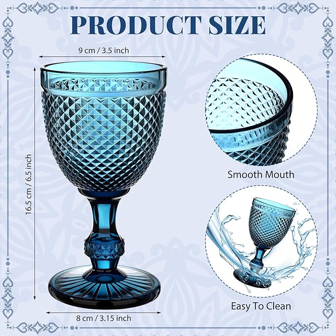 Bokon 6 Pack Blue Glass Goblets Set 10 oz High Clear Wine Glass Vintage Water Goblets Cups Embossed Diamond Design Glassware with Stem for Drinking Juice Liquor Party Wedding Bar