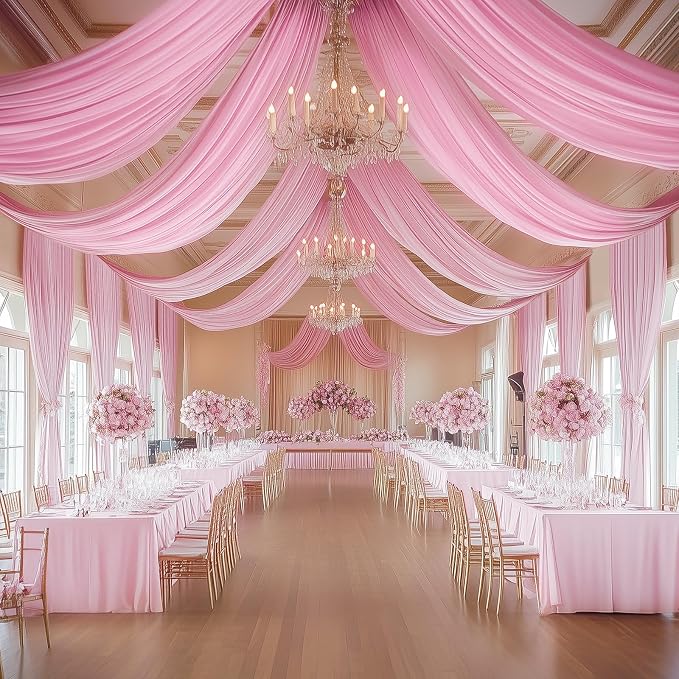 2 Panels 5x20ft Pink Ceiling Drapes for Wedding Parties, Wrinkle Free Thick Polyester 20ft Extra Long Wedding Draping Pink Ceiling Curtains Arch Drapery for Birthday Party Canopy Tent Decor by Htper
