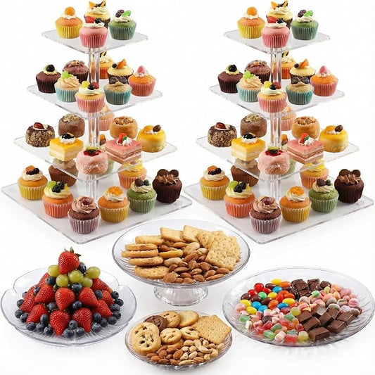 6 Pcs Acrylic Dessert Stands Set Include Display Risers Cupcake Tower and Clear Round Dessert Trays Cake Table Holder for Wedding Baby Shower Decoration(Cute Style) by RimCereal