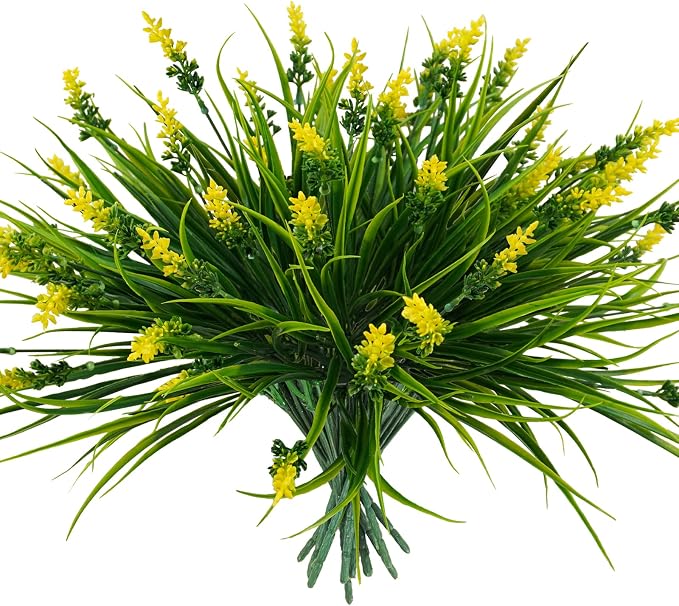 obbsie 12 Bundles Artificial Plants Outdoor, 18.2" UV Resistant Faux Monkey Grass Greenery Stems No Fade Faux Plastic Flowers Shrubs for Home Weddings Garden Porch Front Patio Office Decor - Yellow by ObbsieDirect