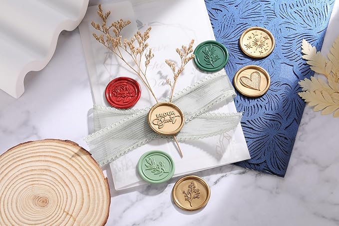 Yoption 6 Pcs Wax Seal Stamp Set, Be Our Guest, Star, Heart, Plant Sealing Stamps Kit with Wooden Handle and Brass Head for Wedding Christmas Greeting Cards Gift