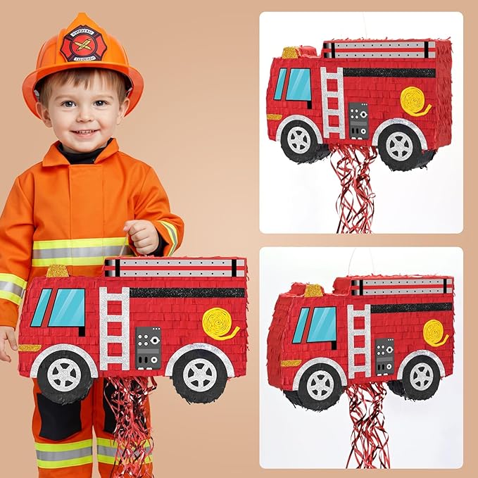 WERNNSAI Fire Truck Pinata - Firetruck Birthday Decorations Pinata for Boys Kids Firefighter Truck Theme Birthday Party Game Decorations Bundle with Blindfold and Bat