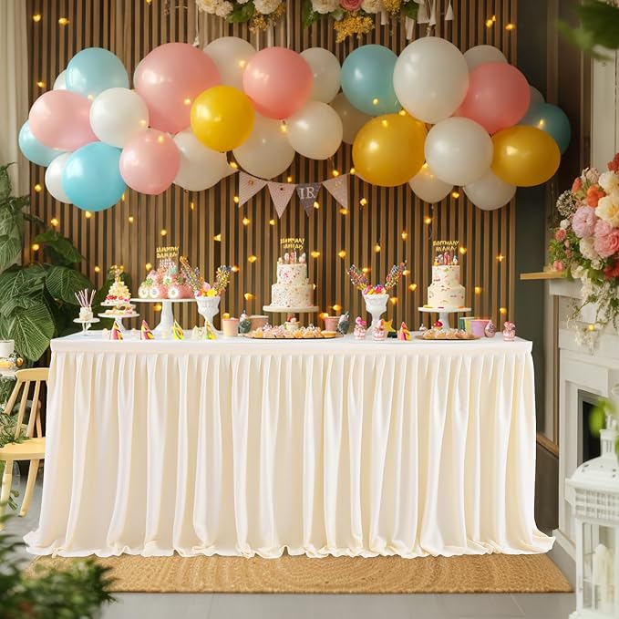 Ivory Table Skirt - 12ft Rectangle Table Polyester Pleated Ruffle Tablecloth for Wedding, Birthday, Baby Shower, Bridal Shower & Banquet Decoration - Image 2