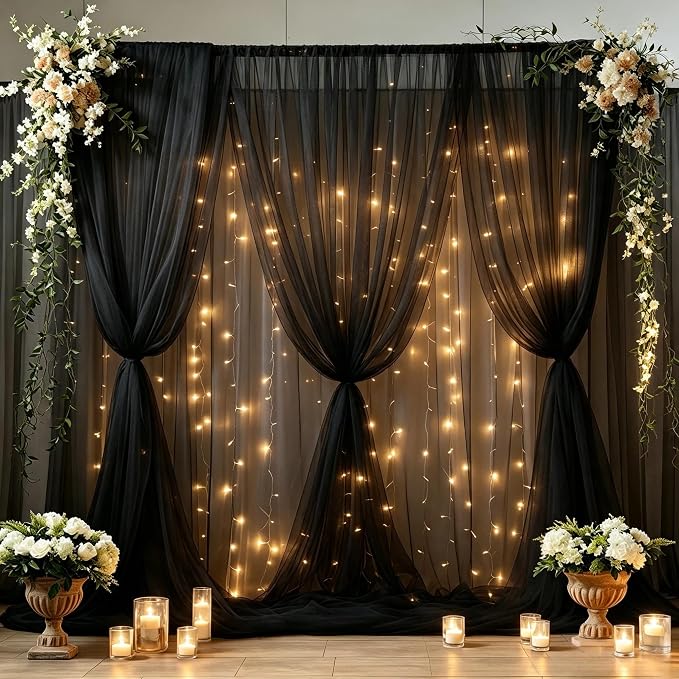 30ft x 8ft Black Backdrop Curtain Panels with Lights String for Parties, Sheer Tulle Wedding Backdrop Drapes for Baby Shower Birthday Party Home Decorations by Shillance