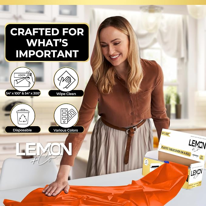 LEMON + Co. Orange Premium Plastic Tablecloth Roll - 54" x300' for Parties with Cutter Box - Cut to Size Rectangle & Round Disposable Tablecloth Plastic Table Cover - Image 2
