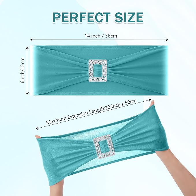 Joccun 60 PCS Spandex Chair Sashes Bows Stretch Chair Cover Band with Buckle Slider Universal Elastic Chair Ties for Wedding Banquet Party Event Decoration (Turquoise) - Image 2