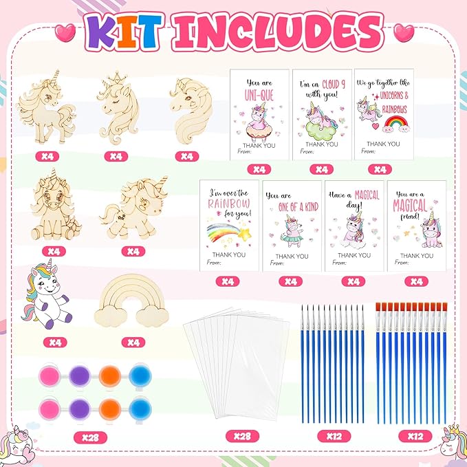 Leinuosen 28 Sets Unicorn Party Favors Wood Painting Craft Kits with Art Supplies and Inspirational Cards Thank You for Coming Gifts for Summer Birthday Party Goodie Bag DIY Prizes