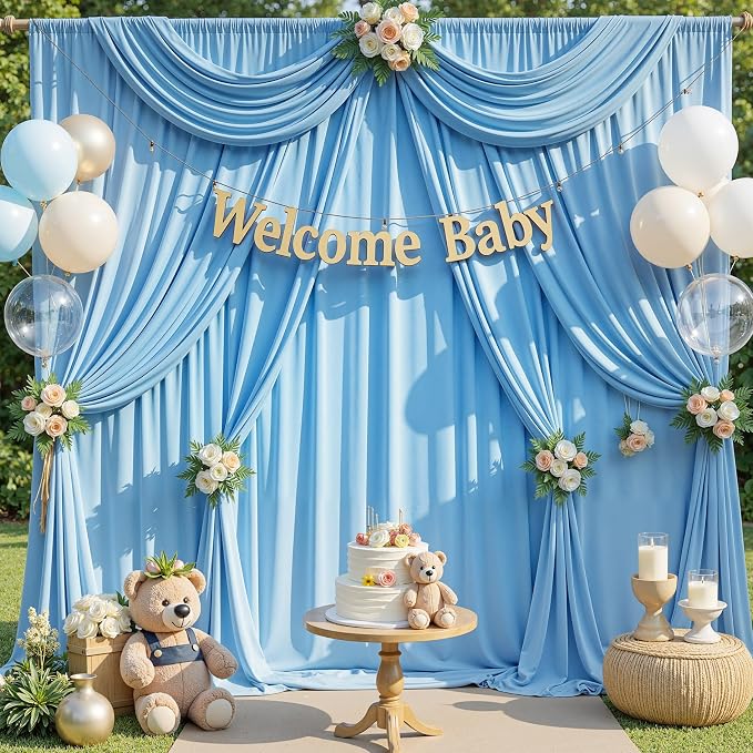 20x10ft Baby Blue Backdrop Curtains for Parties, 4 Panels 5x10ft Wrinkle-Free Polyester Background Curtains for Wedding, Birthday, Baby Shower,Graduation, Decorations - Image 2