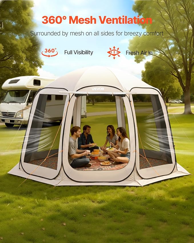 VEVOR Pop up Screen House Tent, 12 x 11 ft, 10-12 Person Screen Gazebo with Extended Awning, Portable Screened in Canopy with Carry Bag, Netting Sides, for Patio, Backyard, and Outdoor Activities