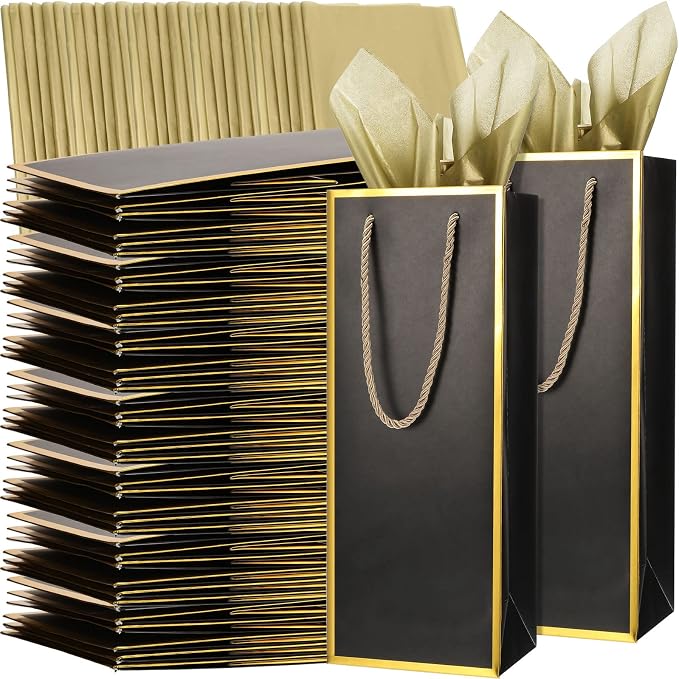 TaoBary 50 Pack Wine Gift Bags, Black Bottle Bags with Handles | Wine Bags for Bottle Bulk 4 x 5 x 13 Inch Champagne Gift Paper Sack with Handles for Appreciation Wedding Party Anniversary by TaoBary