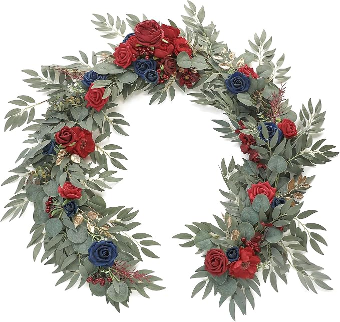 Floroom 6ft Artificial Eucalyptus Garland with Flowers Fake Greenery Faux Floral Vine Garland for Table Decor Wedding Centerpieces Bridal Shower Party Decorations, Dark Red Burgundy Navy by Floroom