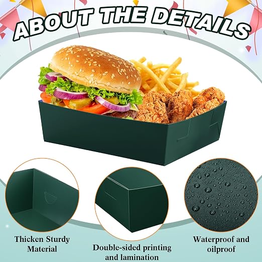 Uiifan 50 Pcs 5 lb Extra Large Paper Food Trays Disposable Food Boat Nacho Plate Serving Snack Trays Grease Resistant Self-assembly for Back to School Party Birthday Wedding Supply (Dark Green) - Image 4