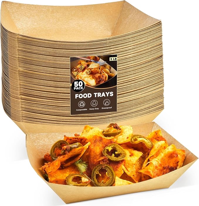 ZORRITA 50 Pack 3 Lb Paper Food Trays | Disposable, Kraft Paper, Nacho Trays, Food Boats, Taco Holders, Party Serving Baskets, For Hot Dogs Snacks Tacos Fries by ZORRITA