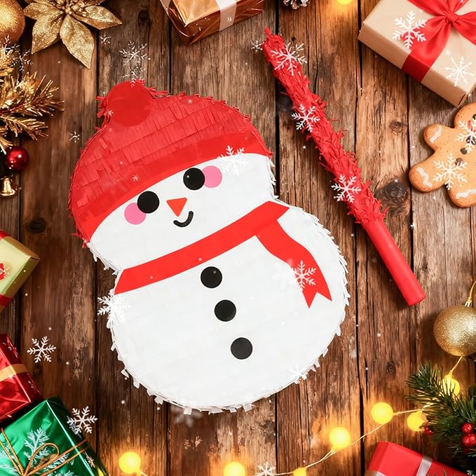 Cute Snowman Pinatas Bundle with a Blindfold and a Bat (17 x 12 x 4 Inches), Perfect for Winter Holiday boys and girls Birthday Parties, Christmas Party Decorations Games for Kids Party