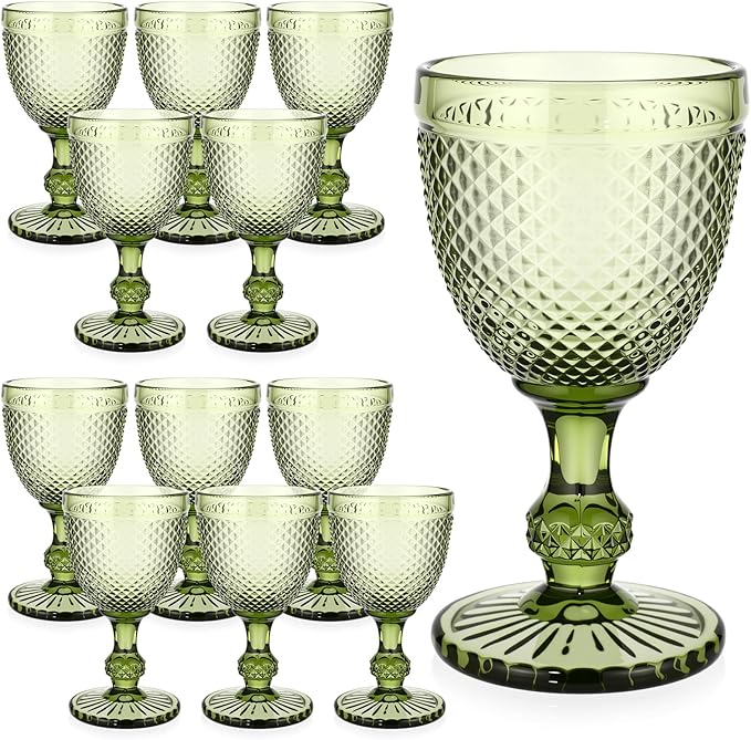 Bokon 12 Pack Green Glass Goblets Set 10 oz High Clear Wine Glass Vintage Water Goblets Cups Embossed Diamond Design Glassware with Stem for Drinking Juice Liquor Party Wedding Bar