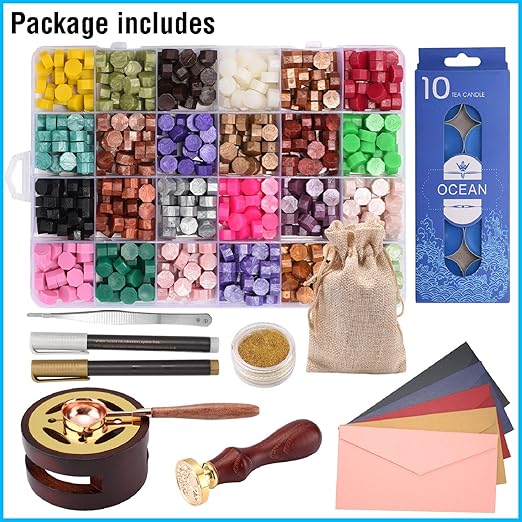 Wax Seal Stamp Kit - 24 Colors, 624 Pcs Stamp Beads, Sealing Wax Warmer, Metallic Pen & Envelope, Gift & Decoration Set