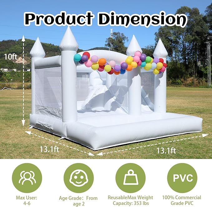 White Bounce House for Adults Kids,13.12FT Heavy Duty 100% PVC Commercial Bounce House with Big Slide and Ball Pit for Backyard,Birthday Party,Wedding,Outdoor Game with 950w Blower