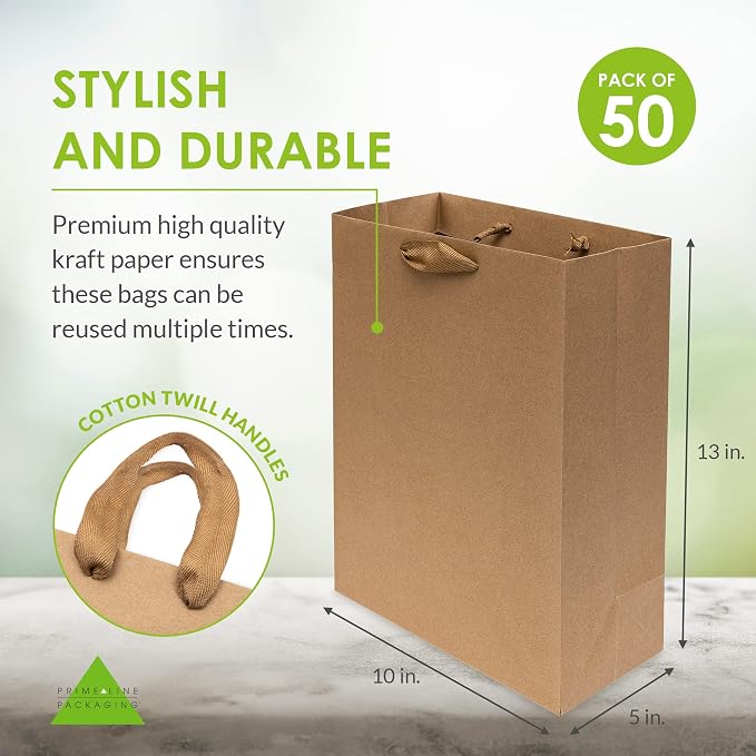 Prime Line Packaging Brown Gift Bags, Kraft Gift Bags Mini with Handles for Small Business, Boutiques, Retail Use, Wrapping, Party Favors, Bulk, 6x3x9, 50 Pack - Image 4