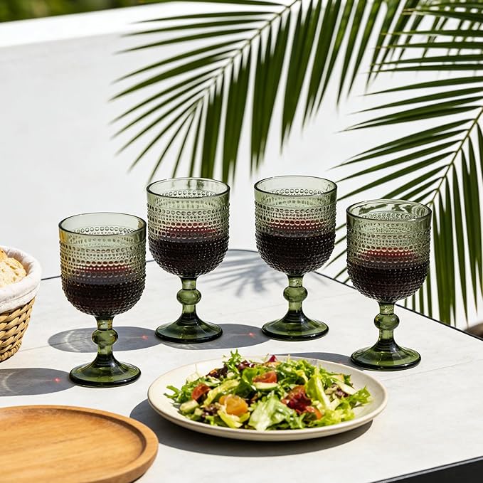 Green Wine Glasses Set of 4, 12oz Vintage Goblet Glasses, Embossed Glass Cups Hobnail Glassware for Weddings, Dinners, and Holiday Gifting