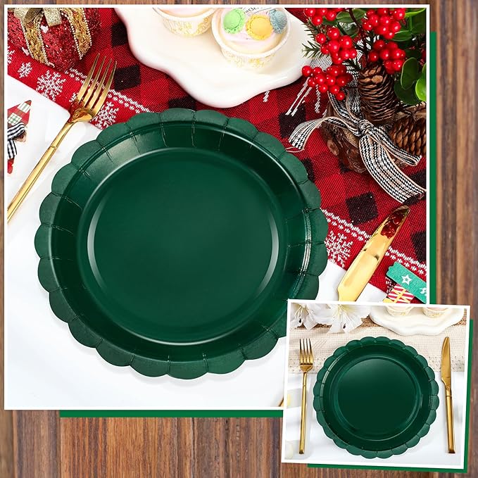 30 Pcs Dark Green Plates 9 Inch Scalloped Green Paper Plates Disposable Dessert Dinner Plate for Wedding, Master Party, Bridal Baby Shower