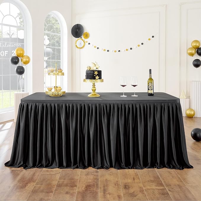 Leegleri 132inch Black Polyester Table Skirt for Rectangle tables 6ft/8ft, Wrinkle Resistant Pleated Ruffle Table Cloth for Banquet,Wedding,Trade,Baby Shower,Display Gift Dining Table - Image 3