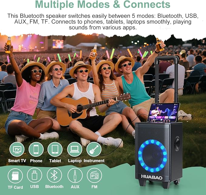 Portable Karaoke Machine with 2 Wireless Microphones, Bluetooth Speaker with Lights and Trolley Wheels, 6600mAh Rechargeable PA System, FM/AUX/USB/TF, Remote, Bass/Treble/Echo Adjust, Ideal for Party