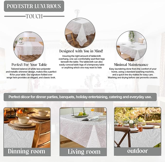 Majestic Giftware Polyester Tablecloths for Rectangle Tables - White Lace | (70/160) - TC1700 Elegance Design Dining Table Cover | Decorative Washable Tablecloth for Home, Kitchen, Dining - Image 4