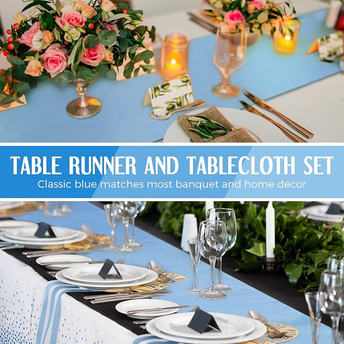 24 Packs Tablecloths Satin Runner Baby Blue and White Graduation | 54x108 Inch Disposable Tablecloth and 12x108 Inch Satin Runners for Wedding Birthday Party Baby Shower Christmas New Year - Image 5