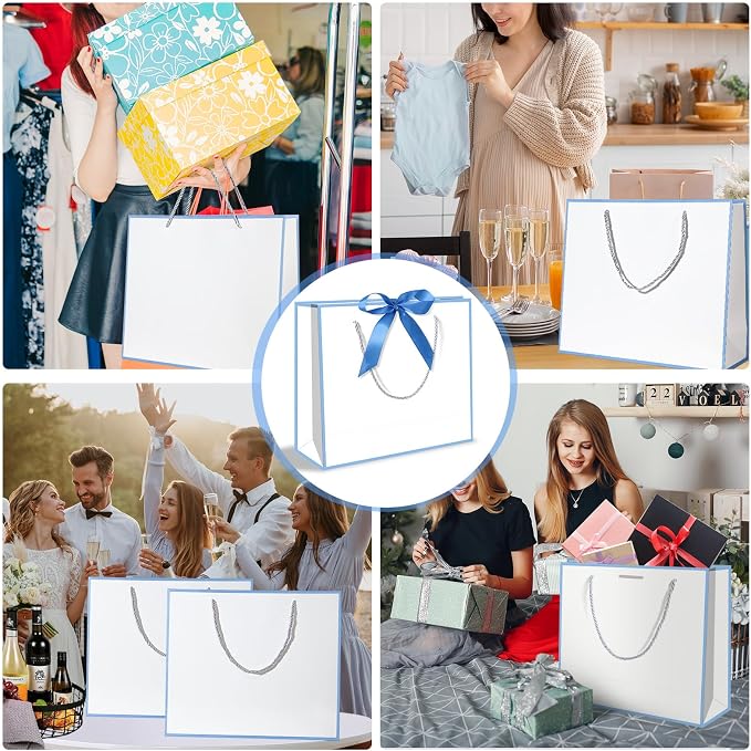 5 | 12 | 25 | 50 Pack Gift Bag with Bow Ribbon Horizontal Paper Gift Bags Bulk for Women Men,with Handles for Birthday Wedding Bridesmaid Party Favor Shopping Retail Gift Sacks (Sky blue, 12.6x4.3x10.5 Inch (Pack of 12)) - Image 6