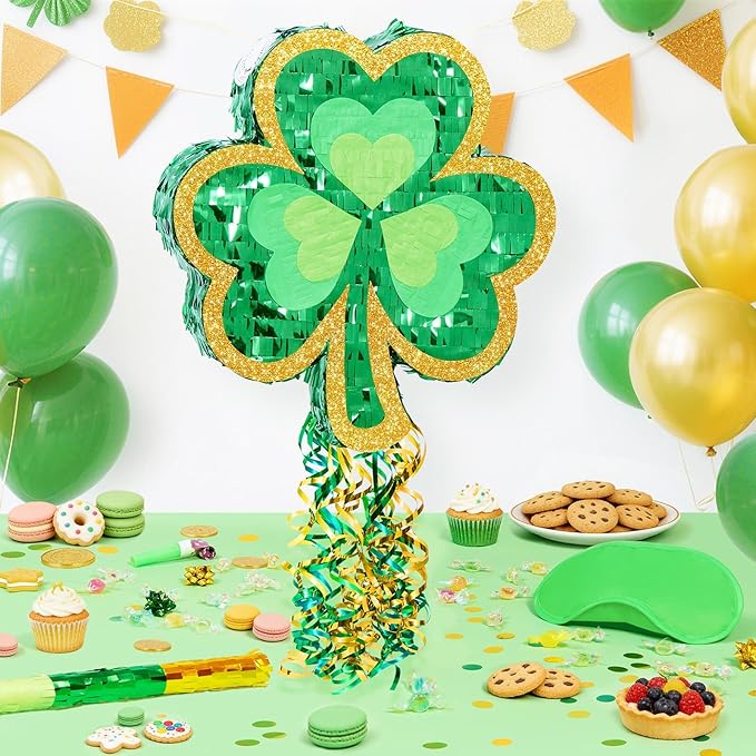 WERNNSAI St Patricks Day Pinata - St Patricks Day Party Game Green Shamrock Decorations for Festival Celebrations Supply Summer Lucky Charm Decor with Bat Blindfold