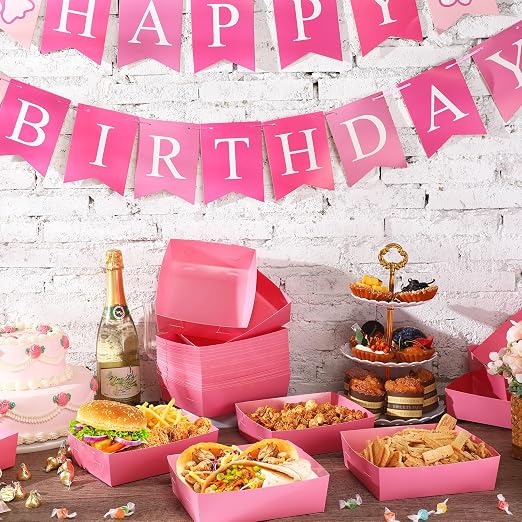 Uiifan 50 Pcs 5 lb Extra Large Paper Food Trays Disposable Food Boat Nacho Plate Serving Snack Trays Grease Resistant Self-assembly for Back to School Party Birthday Wedding Supply (Light Pink) - Image 2