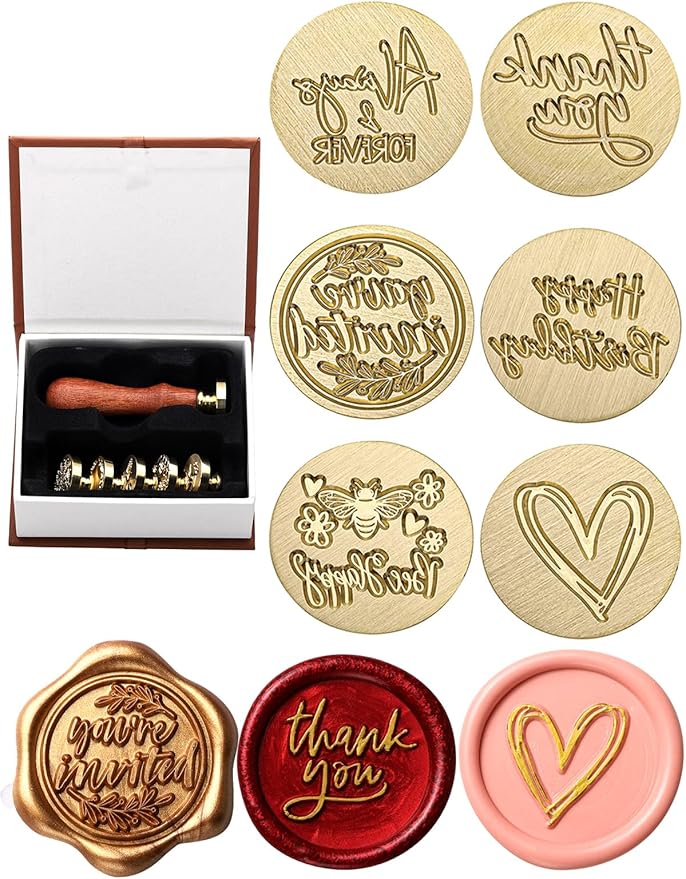 Yoption Wax Seal Stamp Gift Box Kit, 6 Pieces Blessing Sealing Wax Stamp Heads with 1 Wooden Hilt Set, Wax Stamp Kit for Envelopes Invitation Card Gift Decoration (Phrases Series)
