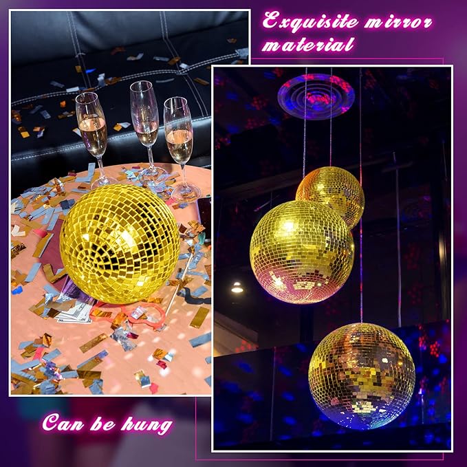 WILLBOND 12 Pack Disco Ball Mirror Ball with Hanging Ring for Fun Retro Disco Party Decorations Party Dj Lighting Effect Stage Props Game Accessories, 5.91", 3.94", 3.15", 2.36"(Gold)
