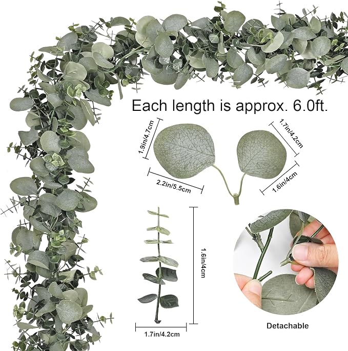 Dolicer 2 Packs 6FT Artificial Eucalyptus Garland Faux Greenery Garland | Fake Vines Hanging Silver Dollar Eucalyptus Leaves for Wedding Backdrop Arch Table Wall Party Home Decor - Image 3