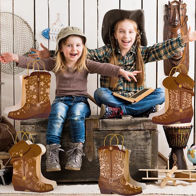12Pcs Cowboy Boots Paper Bags Western Theme Party Decorations Favors Wild West Kraft Gift Bag with Handles Rodeo Cowgirl Boot Hat Goodie Bag for Cowboy Birthday Bachelorette Baby Shower Party Supplies - Image 5